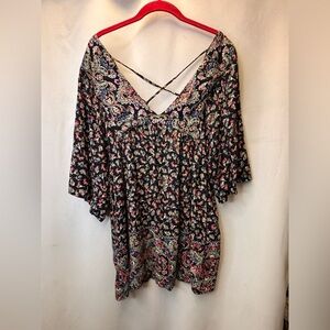 Angie vintage V Neck Floral Paisley with Gold Glitter Accents Mini Dress Large